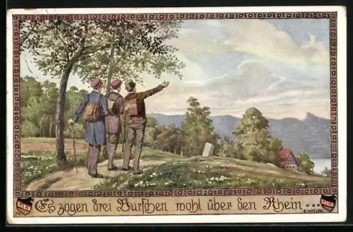Künstler-AK Ernst Kutzer: Es zogen drei Burschen wohl über den Rhein!, Burschen auf Wanderschaft