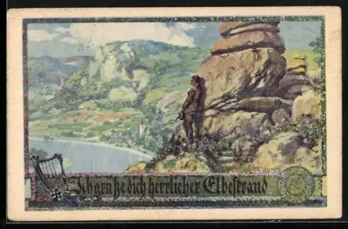 Künstler-AK Franz Jung-Ilsenheim: Lied Ich grüsse dich herrlicher Elbestrand, Wanderer blickt auf die Elbe