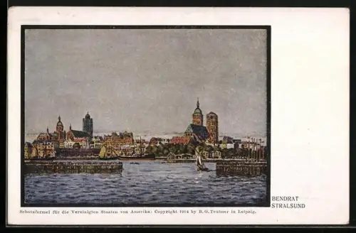 Künstler-AK Stralsund, Panorama mit Hafeneinfahrt