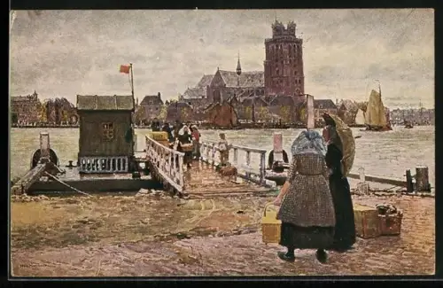 Künstler-AK Dordrecht, Anlegesteg vor der Stadt