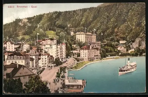 AK Brunnen, Ortsansicht mit Quai und Dampfer