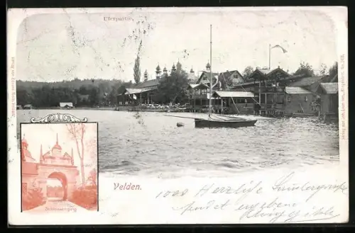 AK Velden, Uferpartie mit Segelboot und Schlosseingang