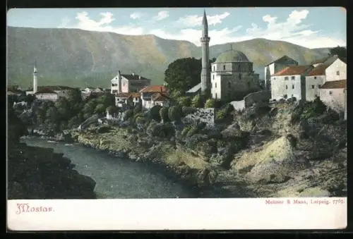 AK Mostar, Ortsansicht mit Flusslauf und Moschee