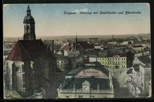 AK Troppau, Oberring mit Stadttheater und Pfarrkirche