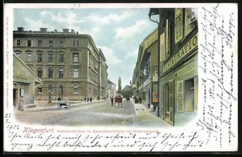 AK Klagenfurt, Bahnhofstrasse mit Kapuzinerkirche im Hintergrunde