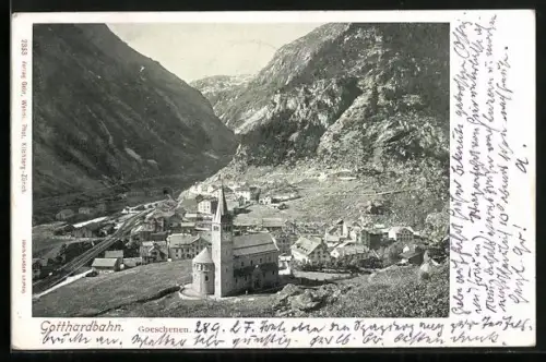 AK Goeschenen, Panorama mit Gotthardbahn