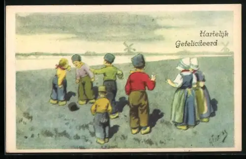 Künstler-AK Karl Feiertag: Holländische Kinder in Holzschuhen, Im Hintergrund Windmühlen