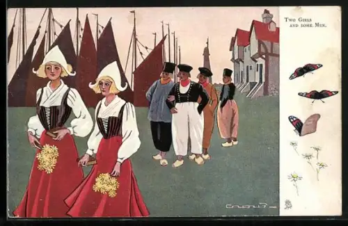 Künstler-AK Zwei Holländerinnen in Tracht und Männer an einem Hafen