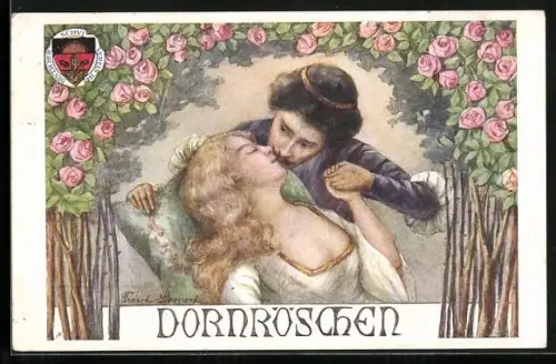 AK Deutscher Schulverein Nr. 60: Deutsche Märchen Nr. 4, Dornröschen wird vom Prinzhen erweckt