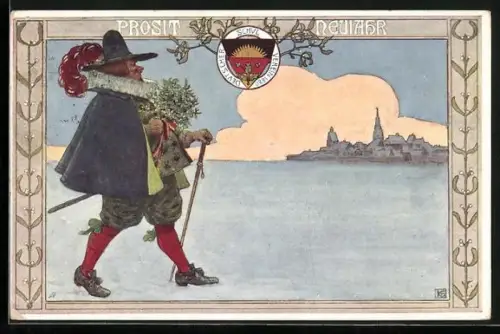 Künstler-AK Deutscher Schulverein Nr. 77: Prosit Neujahr, Edelmann im Winter vor der Stadt