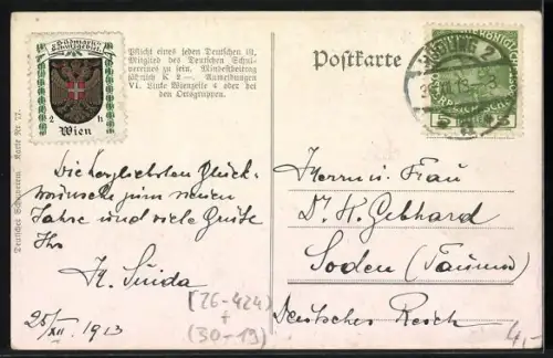 Künstler-AK Deutscher Schulverein Nr. 77: Prosit Neujahr, Edelmann im Winter vor der Stadt