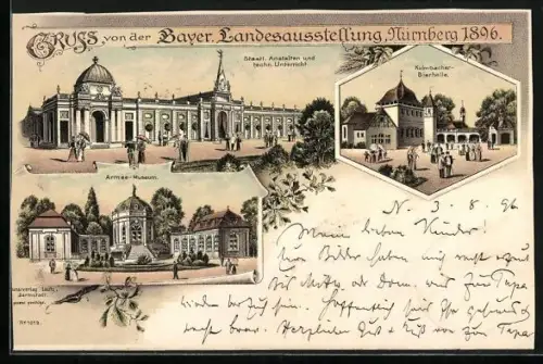 Lithographie Nürnberg, Bayer. Landes-Ausstellung 1896, Kulmbacher-Bierhalle, Staatl. Anstalten, Armee-Museum