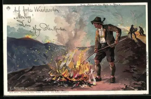Künstler-AK E. Döcker: Fröhliche Ostern!, Bauern schüren die Osterfeuer