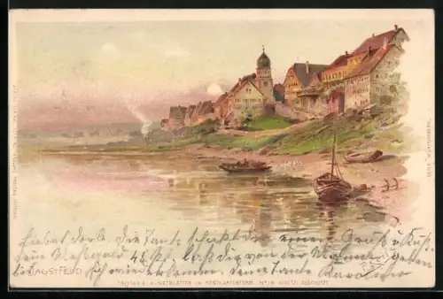 Künstler-AK Fritz Reiss: Jagstfeld, Partie am Fluss bei untergehender Sonne