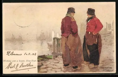 Künstler-Lithographie Henri Cassiers: Volendam, Niederländer in Tracht