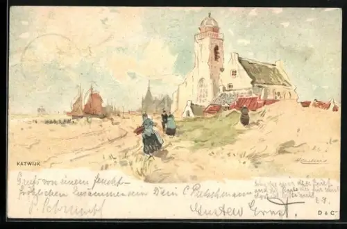 Künstler-AK Henri Cassiers: Katwijk, Holländer in Tracht am Leuchtturm