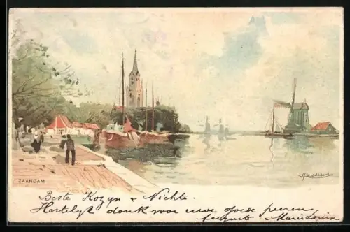 Künstler-AK H. Cassiers: Zaandam, Hafenpartie mit Segelbooten & Windmühle