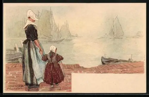 Künstler-AK H. Cassiers: Volendam, Mutter mit ihrem Kind am Wasser