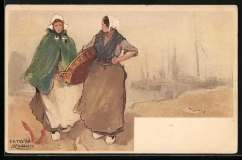 Künstler-AK Henri Cassiers: Katwyk, niederländische Damen tragen Tracht