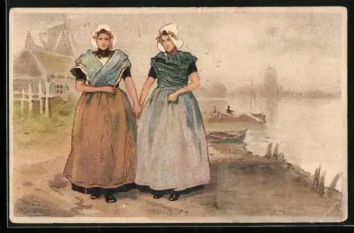 Künstler-Lithographie Henri Cassiers: Goes, Mägde in Tracht, Niederlande
