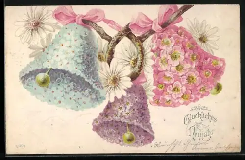 Künstler-AK Neujahrsgrüsse, Glocken mit Blumen