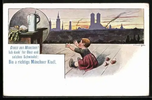 Künstler-AK Münchner Kindl verlangt nach Bier und Radi