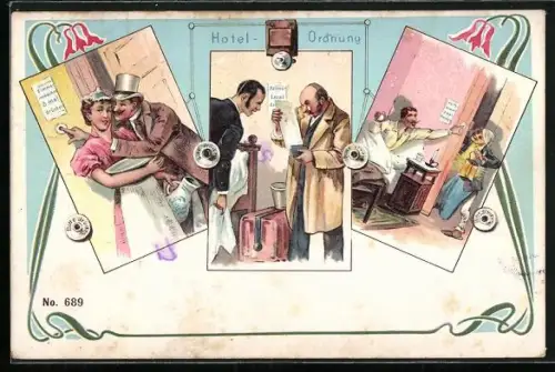 AK Hotel-Ordnung, Gast klingelt nach dem Zimmermädchen und dem Kellner