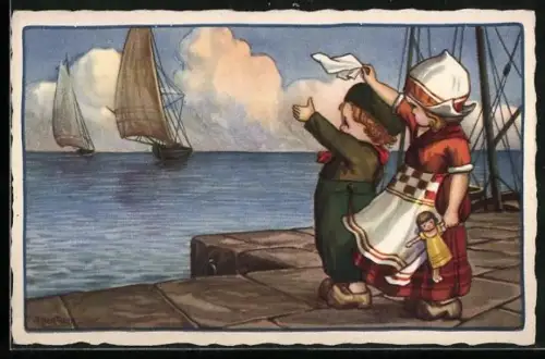 Künstler-AK A.Bertiglia: niederländische Kinder winken Segelbooten