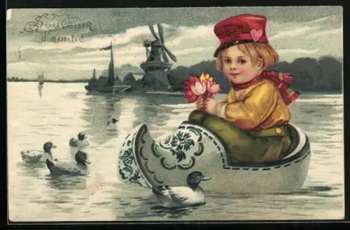 Lithographie Kleiner Niederländer schwimmt in einem Holzschuh