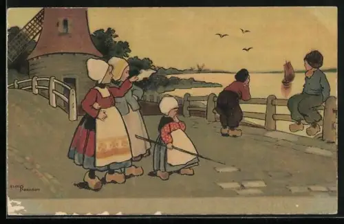 Künstler-AK Ethel Parkinson: Drei Mädchen in Trachten und zwei Jungen schauen auf ein Segelschiff