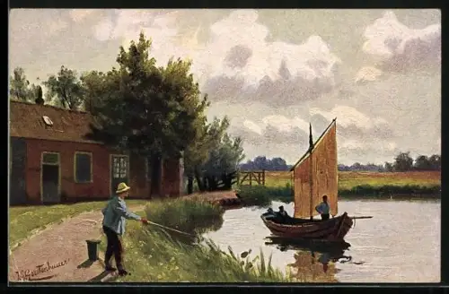 Künstler-AK Johan Georg Gerstenhauer: Angler und zwei Fischer auf einem traditionellen Segelboot