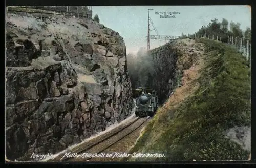 AK Schreiberhau, Eisenbahn am Signalmast beim Moltke-Einschnitt