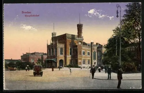 AK Breslau, Hauptbahnhof im Abendlicht