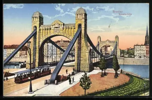 AK Breslau, Kaiserbrücke, Strassenbahn in Fahrt