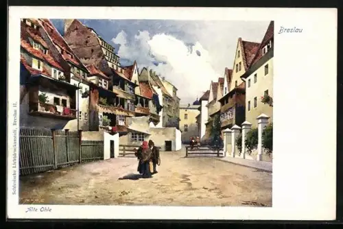 Künstler-AK Breslau, alte Ohle, Anwohner vor den Häusern