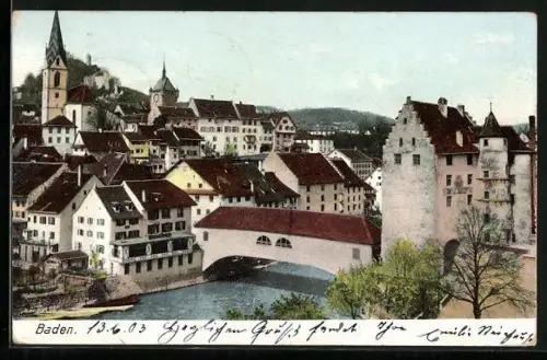 AK Baden, Ortsansicht mit Landvogteischloss und gedeckter Brücke