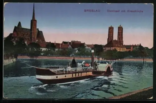 AK Breslau, Dominsel mit Kreuzkirche, Raddampfer