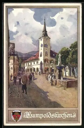 Künstler-AK Gumpoldskirchen, am Brunnen vor der Kirche, Deutscher Schulverein