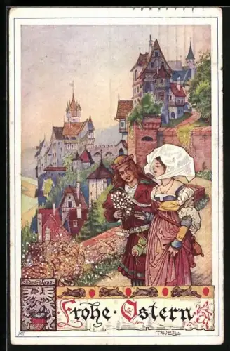 Künstler-AK T. Welzl: Ostergruss, Junges Paar am Stadtrand flanierend