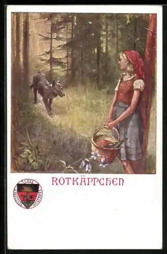 Künstler-AK Deutscher Schulverein Nr. 59: Rotkäppchen begegnet Wolf im Wald