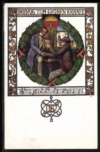 Künstler-AK Deutscher Schulverein Nr. 64: Zechende Männer, Liedtext Im Krug zum Grünen Kranze