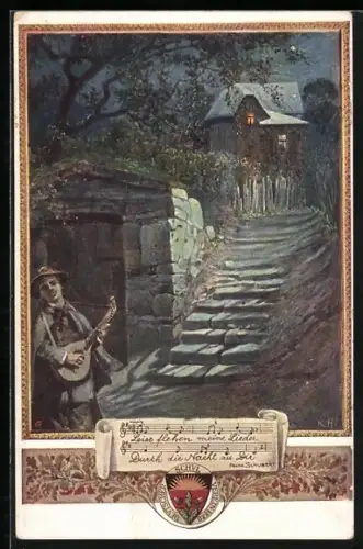 AK Deutscher Schulverein NR 445: Wanderer spielt auf der Laute vor dem Haus seiner Geliebten