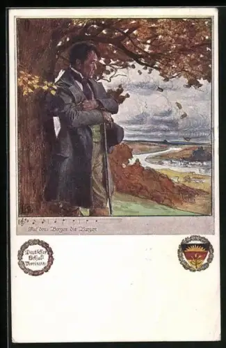 Künstler-AK Karl Friedrich Gsur, Deutscher Schulverein NR. 458: Auf den Bergen die Burgen, Wanderer unter einem Baum