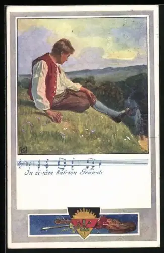 Künstler-AK Karl Friedrich Gsur, Deutscher Schulverein Nr. 374: Wanderer, In einem kühlen Grunde