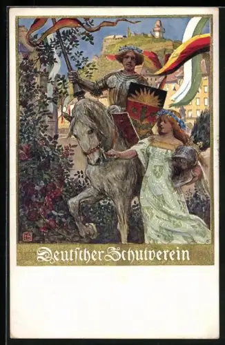 Künstler-AK Karl Friedrich Gsur, Deutscher Schulverein NR 106: Ritter auf Pferd, Frau hält seinen Helm