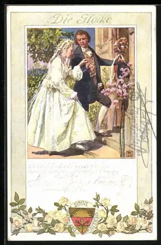 Künstler-AK Karl Friedrich Gsur, Deutscher Schulverein NR 194: Die Glocke, Hochzeitspaar tritt in die Kirche ein