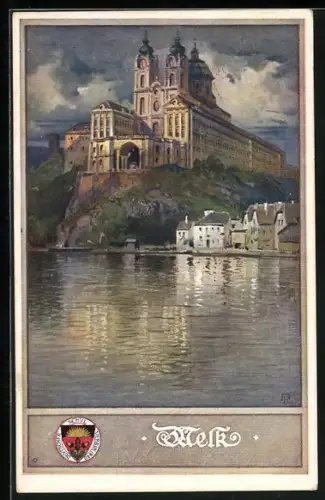 AK Deutscher Schulverein NR 163: Melk, Blick übers Wasser zum Stift Melk