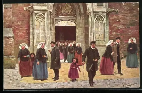 Künstler-AK Johan Georg Gerstenhauer: Bauern in Tracht verlassen die Messe