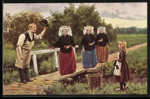 Künstler-AK Johan Georg Gerstenhauer: Bäuerinnen in Tracht überqueren Brücke