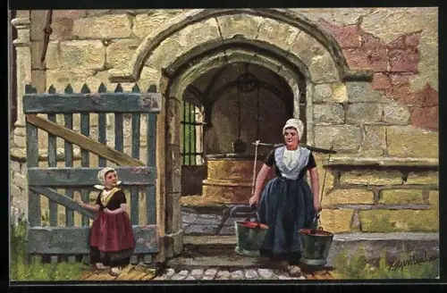 Künstler-AK Johan Georg Gerstenhauer: Bäuerin und Kind in Tracht am Brunnen